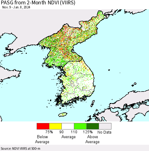 Korea PASG from 2-Month NDVI (VIIRS) Thematic Map For 1/1/2024 - 1/8/2024