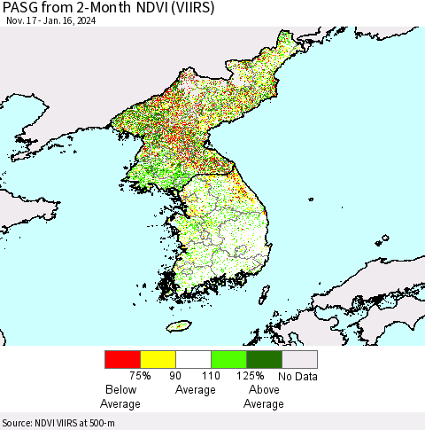 Korea PASG from 2-Month NDVI (VIIRS) Thematic Map For 1/9/2024 - 1/16/2024