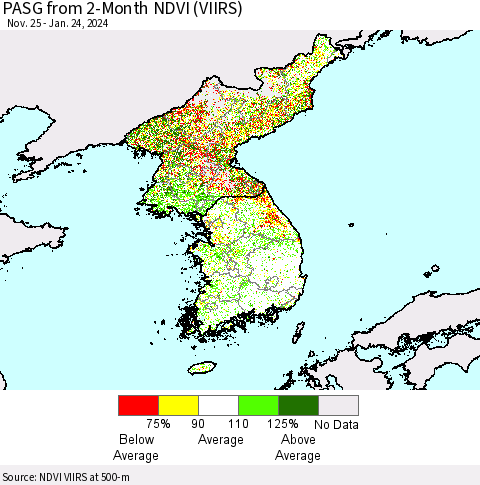 Korea PASG from 2-Month NDVI (VIIRS) Thematic Map For 1/17/2024 - 1/24/2024
