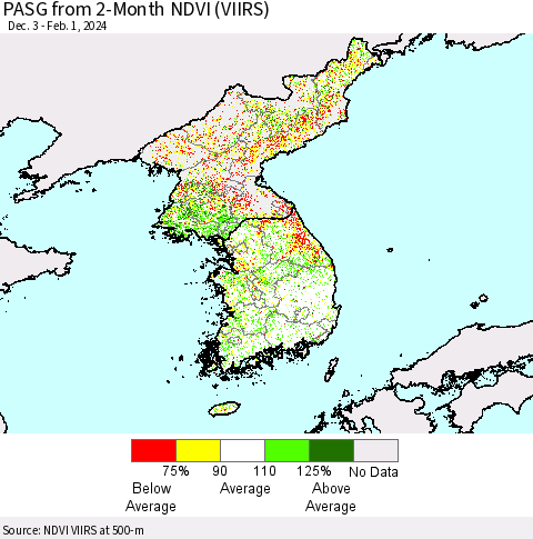 Korea PASG from 2-Month NDVI (VIIRS) Thematic Map For 1/25/2024 - 2/1/2024