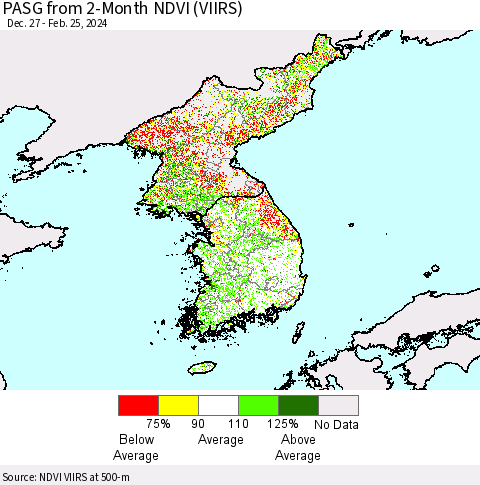 Korea PASG from 2-Month NDVI (VIIRS) Thematic Map For 2/18/2024 - 2/25/2024
