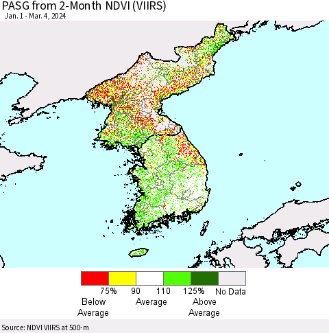 Korea PASG from 2-Month NDVI (VIIRS) Thematic Map For 2/26/2024 - 3/4/2024