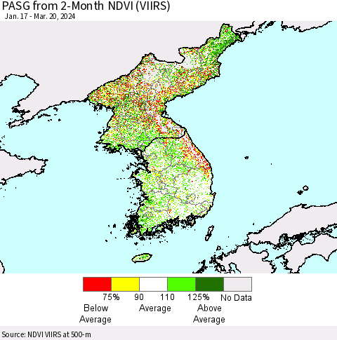 Korea PASG from 2-Month NDVI (VIIRS) Thematic Map For 3/13/2024 - 3/20/2024