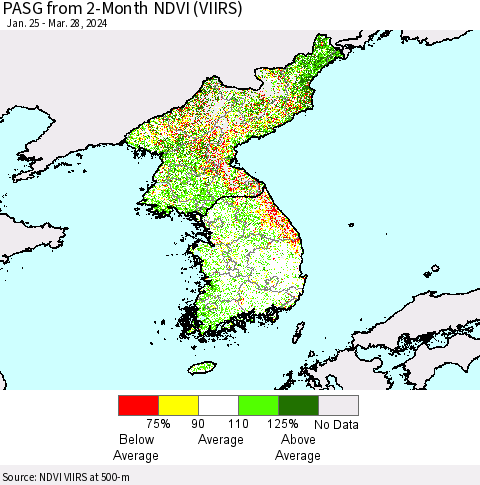 Korea PASG from 2-Month NDVI (VIIRS) Thematic Map For 3/21/2024 - 3/28/2024