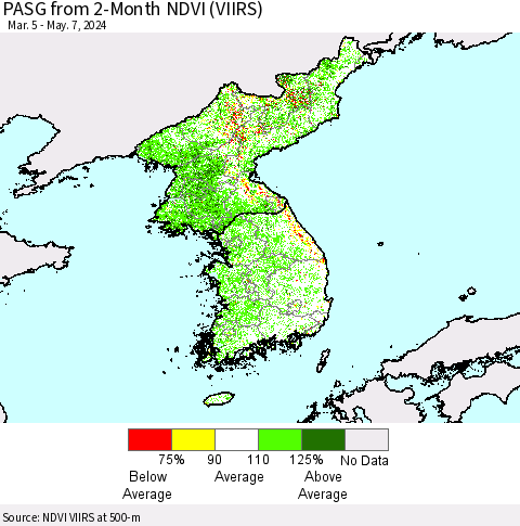 Korea PASG from 2-Month NDVI (VIIRS) Thematic Map For 4/30/2024 - 5/7/2024