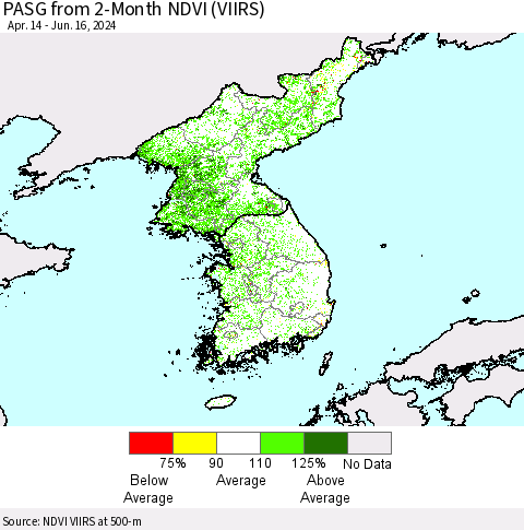 Korea PASG from 2-Month NDVI (VIIRS) Thematic Map For 6/9/2024 - 6/16/2024
