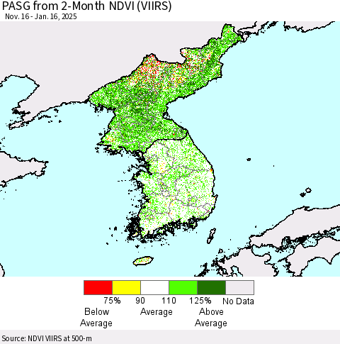 Korea PASG from 2-Month NDVI (VIIRS) Thematic Map For 1/9/2025 - 1/16/2025