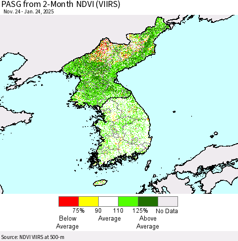 Korea PASG from 2-Month NDVI (VIIRS) Thematic Map For 1/17/2025 - 1/24/2025