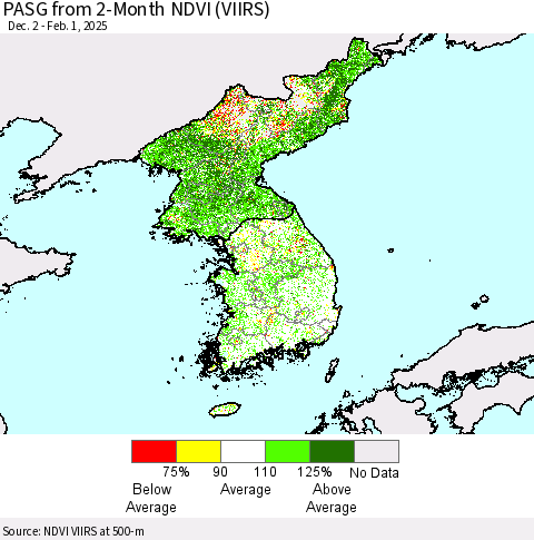 Korea PASG from 2-Month NDVI (VIIRS) Thematic Map For 1/25/2025 - 2/1/2025