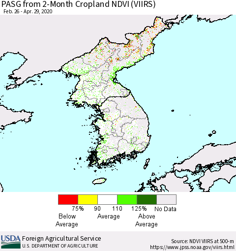 Korea PASG from 2-Month Cropland NDVI (VIIRS) Thematic Map For 4/21/2020 - 4/30/2020
