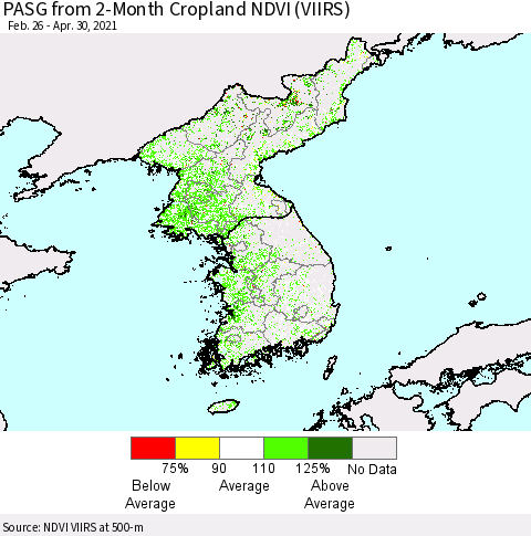 Korea PASG from 2-Month Cropland NDVI (VIIRS) Thematic Map For 4/21/2021 - 4/30/2021
