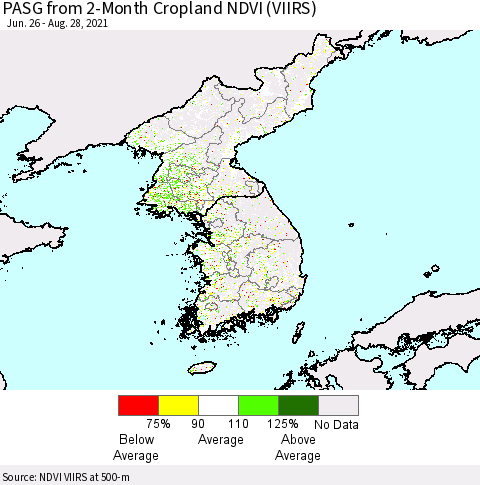 Korea PASG from 2-Month Cropland NDVI (VIIRS) Thematic Map For 8/21/2021 - 8/28/2021