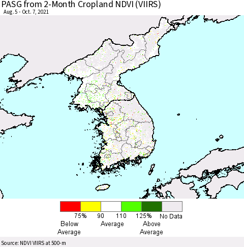 Korea PASG from 2-Month Cropland NDVI (VIIRS) Thematic Map For 9/30/2021 - 10/7/2021