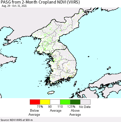 Korea PASG from 2-Month Cropland NDVI (VIIRS) Thematic Map For 10/21/2021 - 10/31/2021