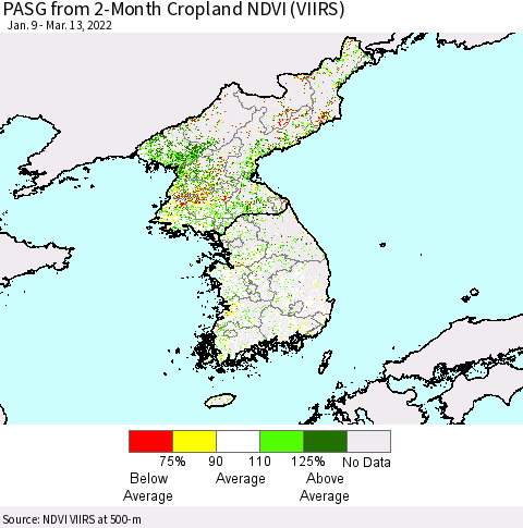 Korea PASG from 2-Month Cropland NDVI (VIIRS) Thematic Map For 3/6/2022 - 3/13/2022