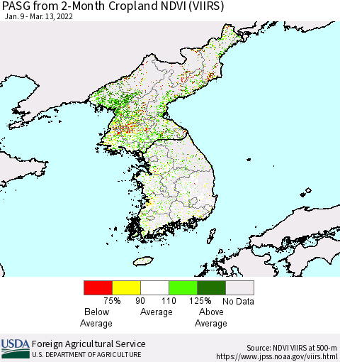Korea PASG from 2-Month Cropland NDVI (VIIRS) Thematic Map For 3/11/2022 - 3/20/2022