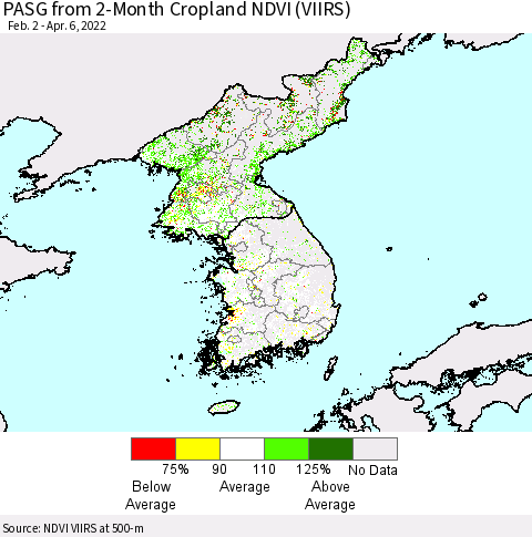 Korea PASG from 2-Month Cropland NDVI (VIIRS) Thematic Map For 3/30/2022 - 4/6/2022