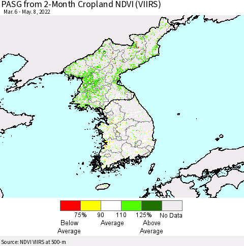 Korea PASG from 2-Month Cropland NDVI (VIIRS) Thematic Map For 5/1/2022 - 5/8/2022