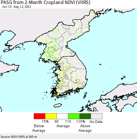 Korea PASG from 2-Month Cropland NDVI (VIIRS) Thematic Map For 8/5/2022 - 8/12/2022