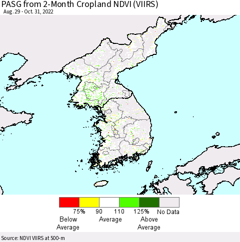 Korea PASG from 2-Month Cropland NDVI (VIIRS) Thematic Map For 10/21/2022 - 10/31/2022