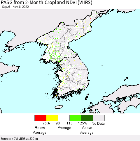 Korea PASG from 2-Month Cropland NDVI (VIIRS) Thematic Map For 11/1/2022 - 11/8/2022