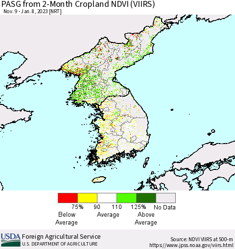 Korea PASG from 2-Month Cropland NDVI (VIIRS) Thematic Map For 1/1/2023 - 1/10/2023