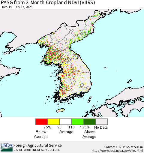Korea PASG from 2-Month Cropland NDVI (VIIRS) Thematic Map For 2/11/2023 - 2/20/2023
