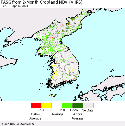 Korea PASG from 2-Month Cropland NDVI (VIIRS) Thematic Map For 4/7/2023 - 4/14/2023