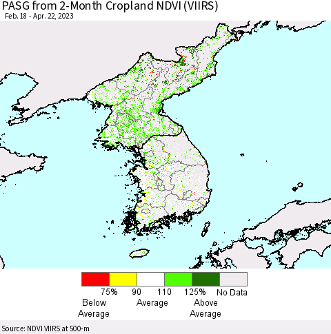 Korea PASG from 2-Month Cropland NDVI (VIIRS) Thematic Map For 4/15/2023 - 4/22/2023