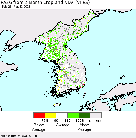 Korea PASG from 2-Month Cropland NDVI (VIIRS) Thematic Map For 4/21/2023 - 4/30/2023
