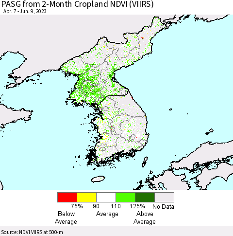 Korea PASG from 2-Month Cropland NDVI (VIIRS) Thematic Map For 6/2/2023 - 6/9/2023