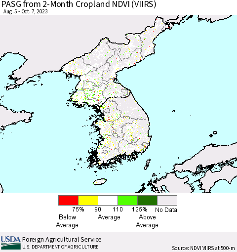 Korea PASG from 2-Month Cropland NDVI (VIIRS) Thematic Map For 10/1/2023 - 10/10/2023