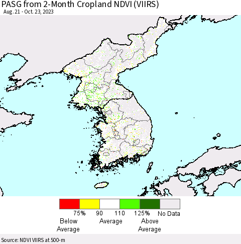 Korea PASG from 2-Month Cropland NDVI (VIIRS) Thematic Map For 10/16/2023 - 10/23/2023