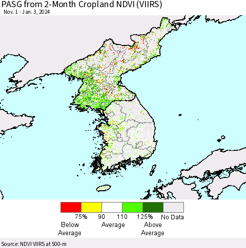 Korea PASG from 2-Month Cropland NDVI (VIIRS) Thematic Map For 12/27/2023 - 1/3/2024