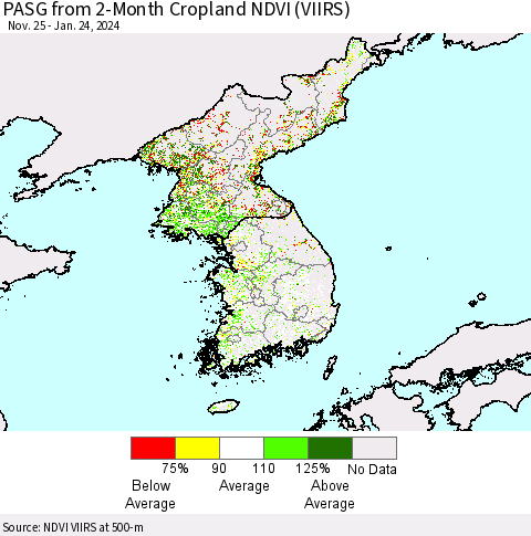 Korea PASG from 2-Month Cropland NDVI (VIIRS) Thematic Map For 1/17/2024 - 1/24/2024