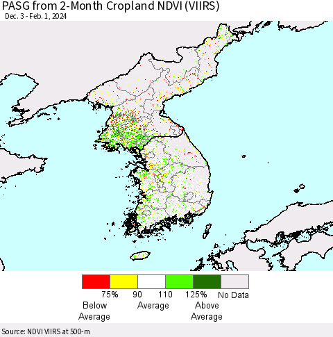 Korea PASG from 2-Month Cropland NDVI (VIIRS) Thematic Map For 1/25/2024 - 2/1/2024