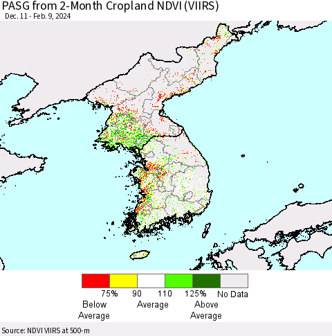 Korea PASG from 2-Month Cropland NDVI (VIIRS) Thematic Map For 2/2/2024 - 2/9/2024