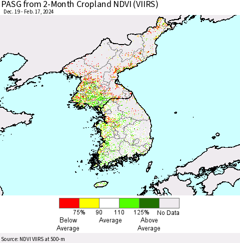 Korea PASG from 2-Month Cropland NDVI (VIIRS) Thematic Map For 2/10/2024 - 2/17/2024