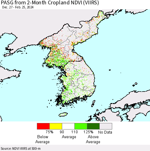 Korea PASG from 2-Month Cropland NDVI (VIIRS) Thematic Map For 2/18/2024 - 2/25/2024