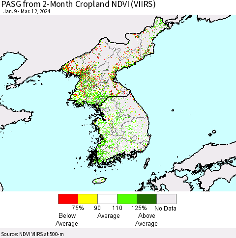 Korea PASG from 2-Month Cropland NDVI (VIIRS) Thematic Map For 3/5/2024 - 3/12/2024
