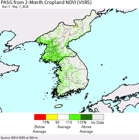 Korea PASG from 2-Month Cropland NDVI (VIIRS) Thematic Map For 4/30/2024 - 5/7/2024