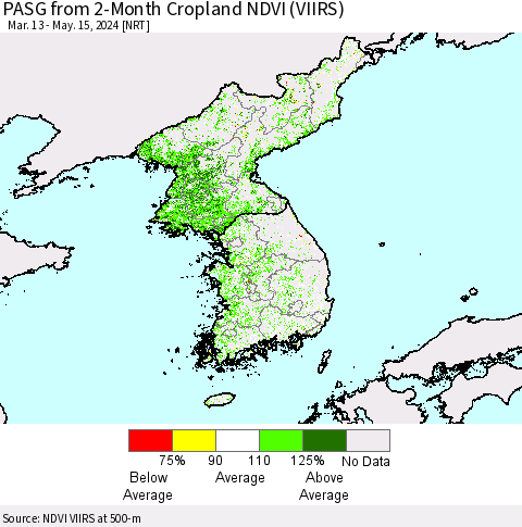 Korea PASG from 2-Month Cropland NDVI (VIIRS) Thematic Map For 5/8/2024 - 5/15/2024