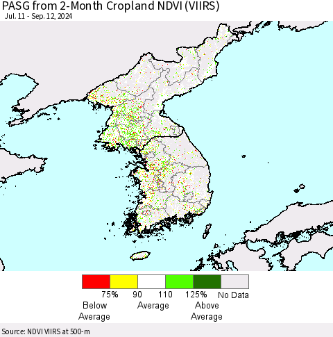 Korea PASG from 2-Month Cropland NDVI (VIIRS) Thematic Map For 9/5/2024 - 9/12/2024