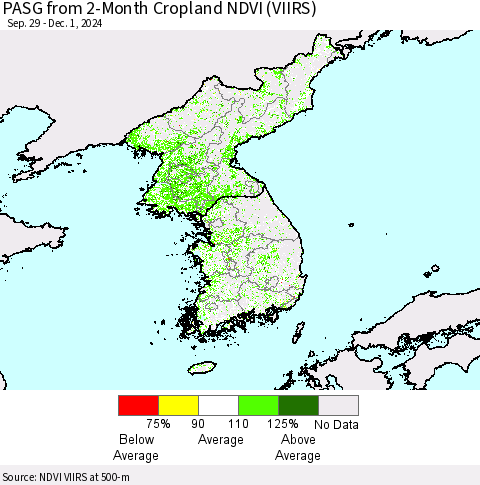 Korea PASG from 2-Month Cropland NDVI (VIIRS) Thematic Map For 11/24/2024 - 12/1/2024