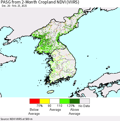 Korea PASG from 2-Month Cropland NDVI (VIIRS) Thematic Map For 2/18/2025 - 2/25/2025