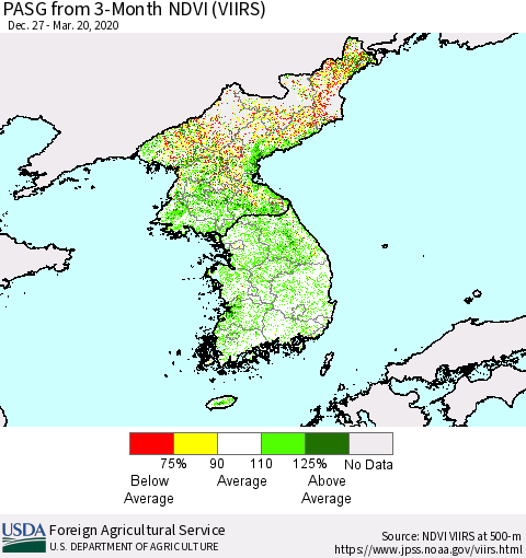 Korea PASG from 3-Month NDVI (VIIRS) Thematic Map For 3/11/2020 - 3/20/2020