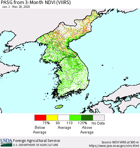 Korea PASG from 3-Month NDVI (VIIRS) Thematic Map For 3/21/2020 - 3/31/2020
