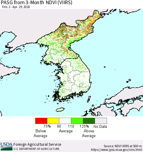 Korea PASG from 3-Month NDVI (VIIRS) Thematic Map For 4/21/2020 - 4/30/2020