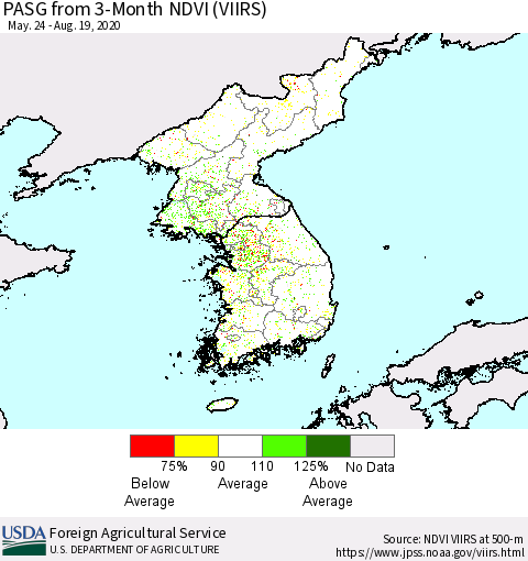 Korea PASG from 3-Month NDVI (VIIRS) Thematic Map For 8/11/2020 - 8/20/2020