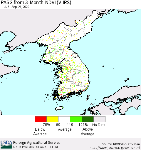 Korea PASG from 3-Month NDVI (VIIRS) Thematic Map For 9/21/2020 - 9/30/2020